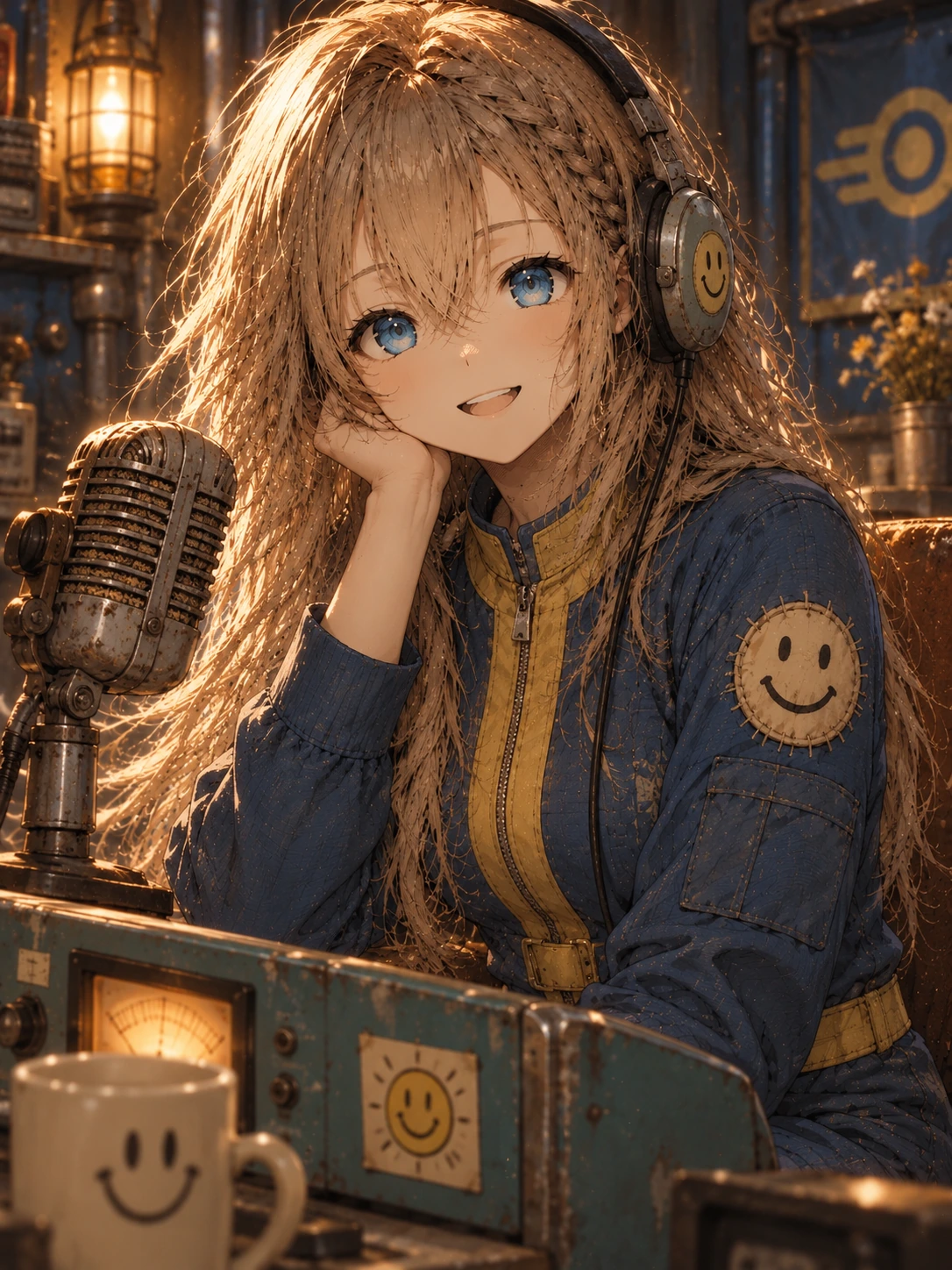 Glimmer smiling in her blue and yellow vault suit, with headphones and a smiley patch, in a warmly lit radio booth.